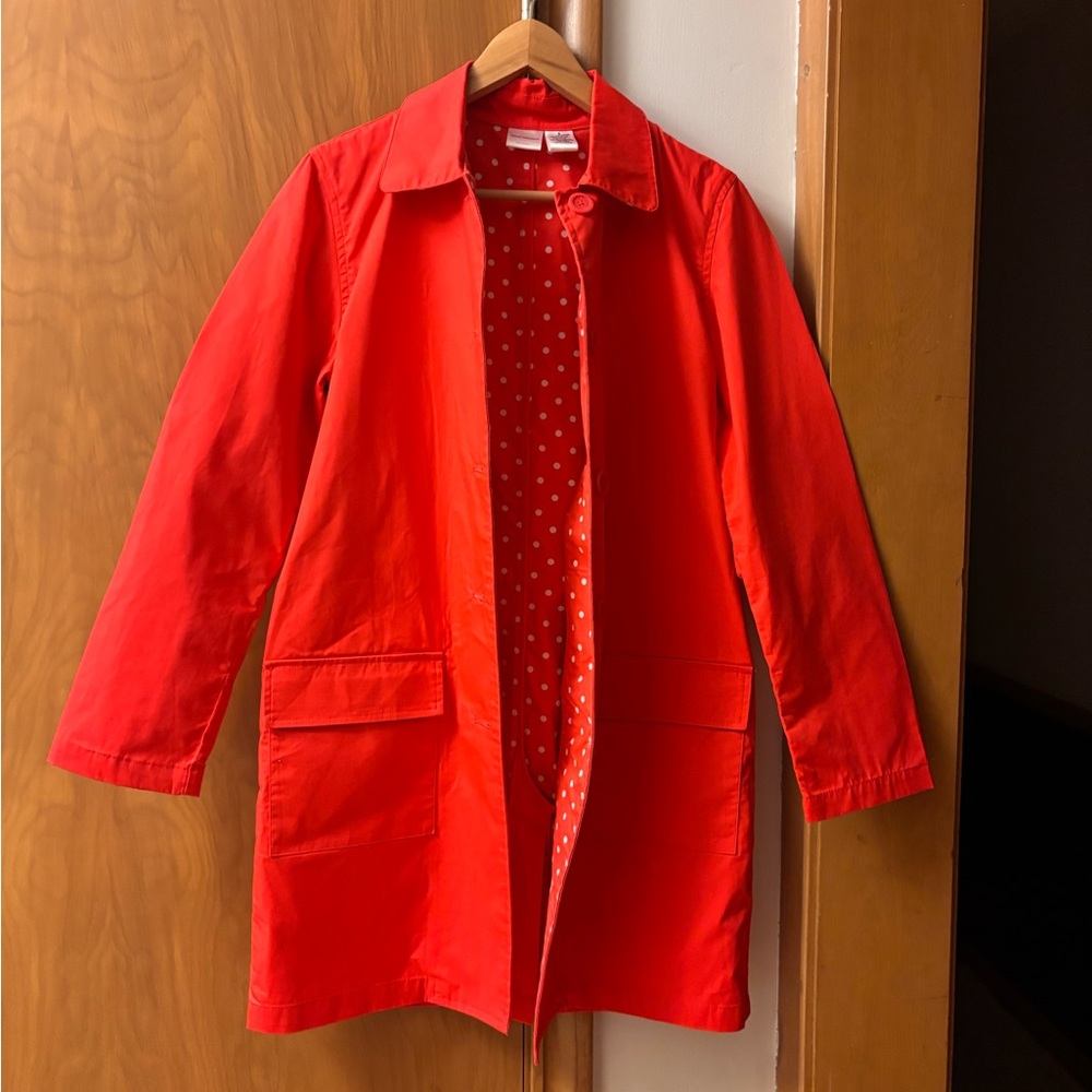 Isaac Mizrahi Vibrant Red Trench Coat with Polka Dot Lining